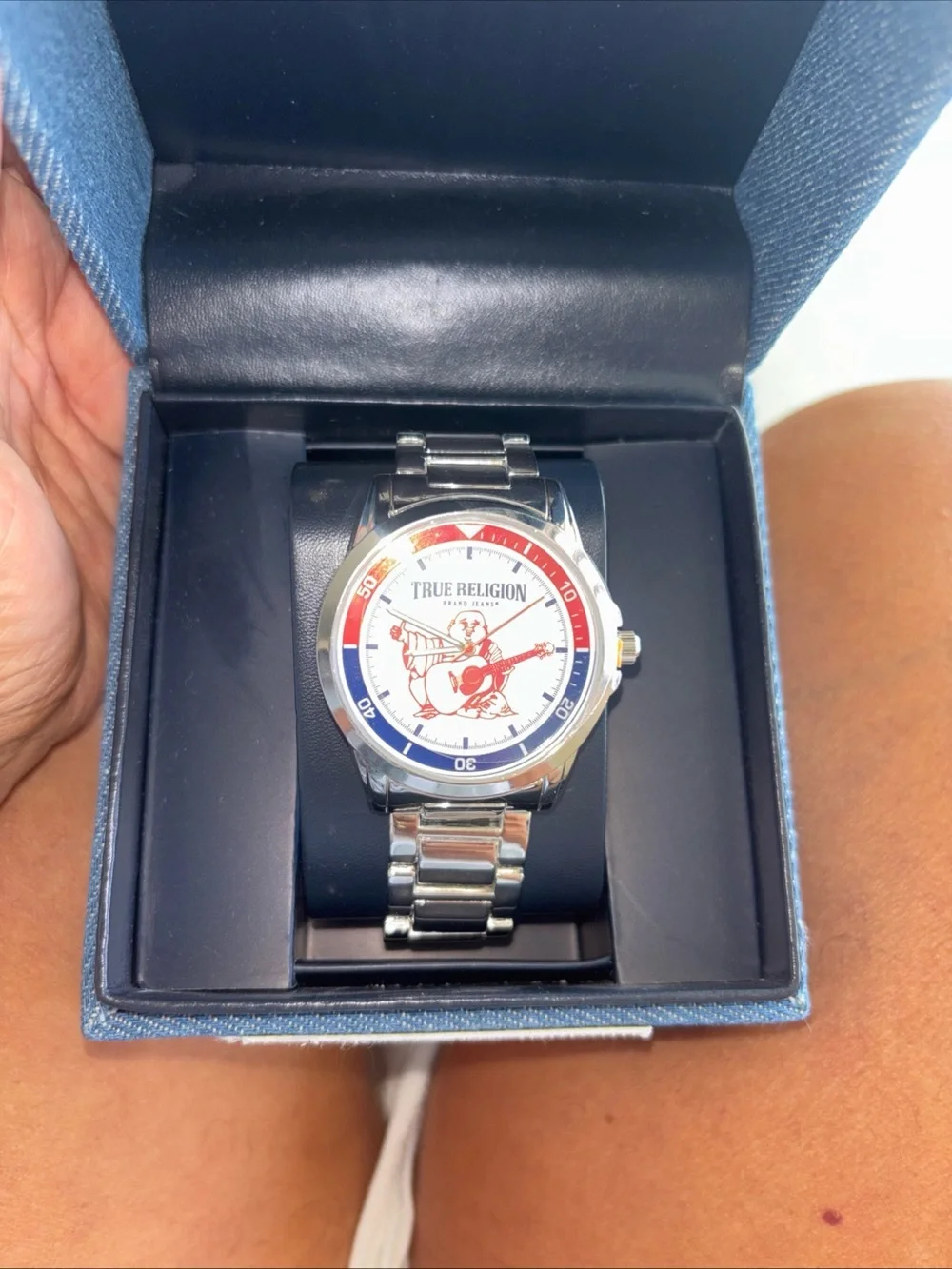 True Religion Men’s Silver Watch with Red and Blue Dial Accents
